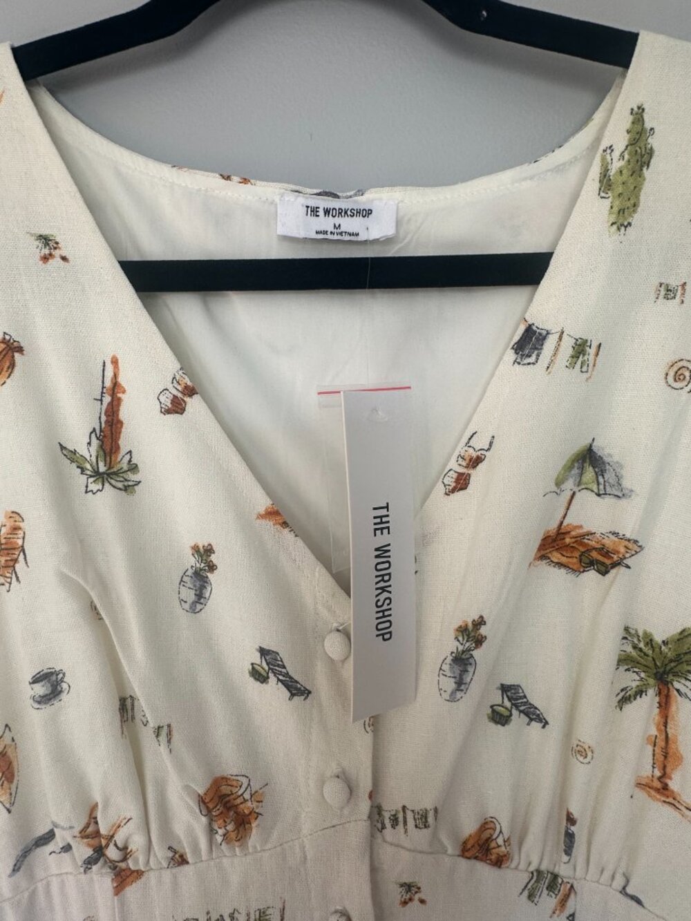 The Workshop Linen Blend Beach Print Cream Maxi Dress Sz. Medium NWT - Picture 3 of 5